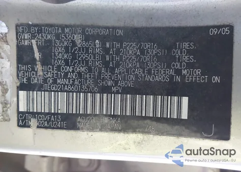 2006 Toyota Highlander z USA, uszkodzony, nr VIN JTEGD21A860135706